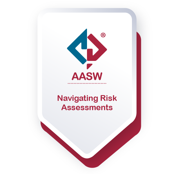 A digital badge for AASW titled "Navigating Risk Assessments" featuring a logo with two interlinked arrows and a dot, with a white background and red accents.