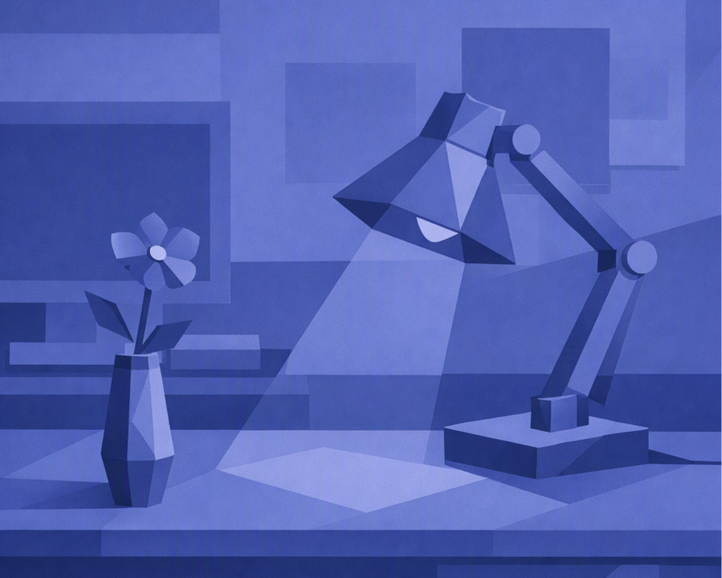 A blue-toned, low-poly illustration of a desk with a flower in a vase and a desk lamp casting light on paper.