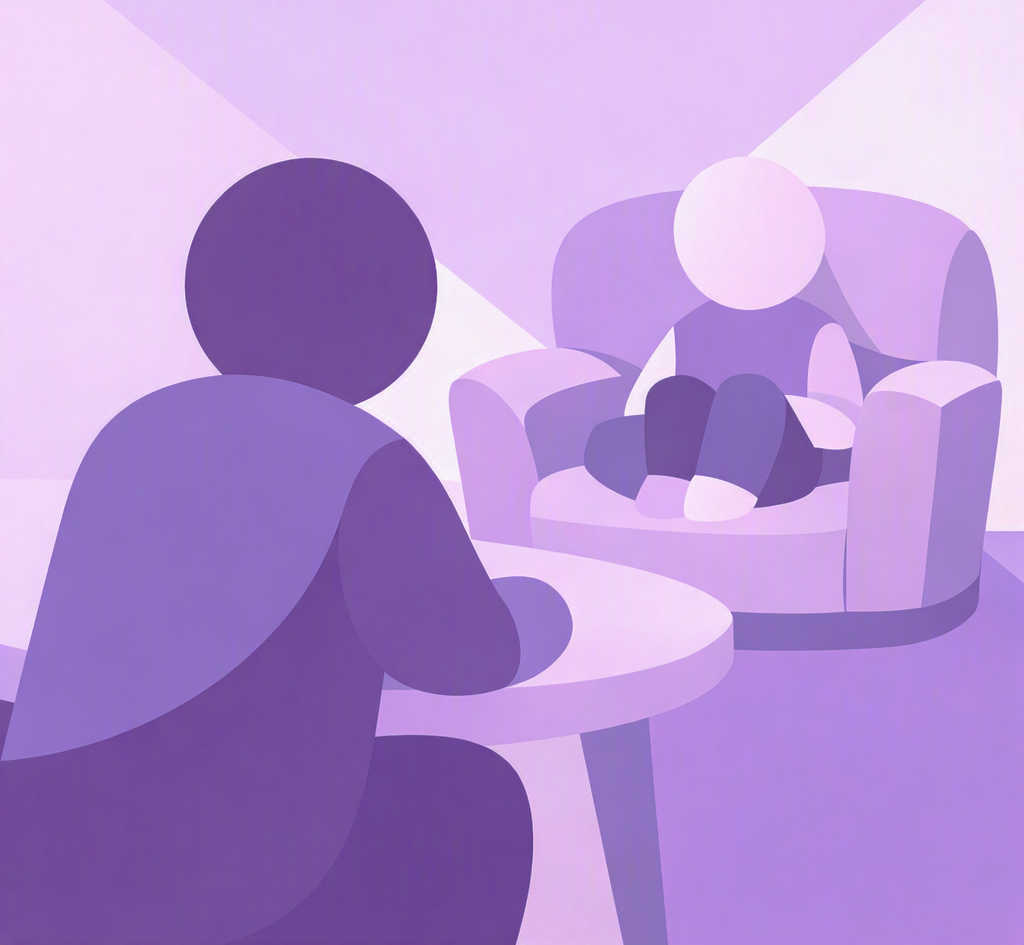 A therapist sitting opposite a child in a comfortable chair.