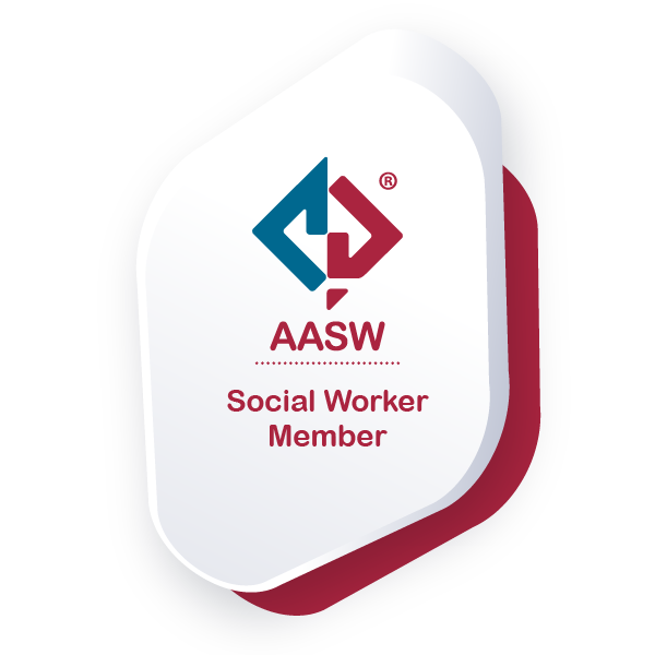 A badge with the AASW logo and text indicating social worker membership.