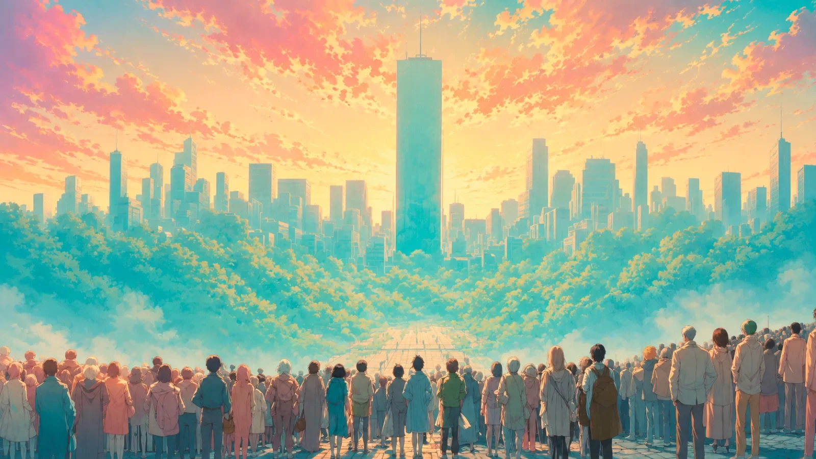 Anime-style city skyline at sunset, with a tall tower rising over green treetops