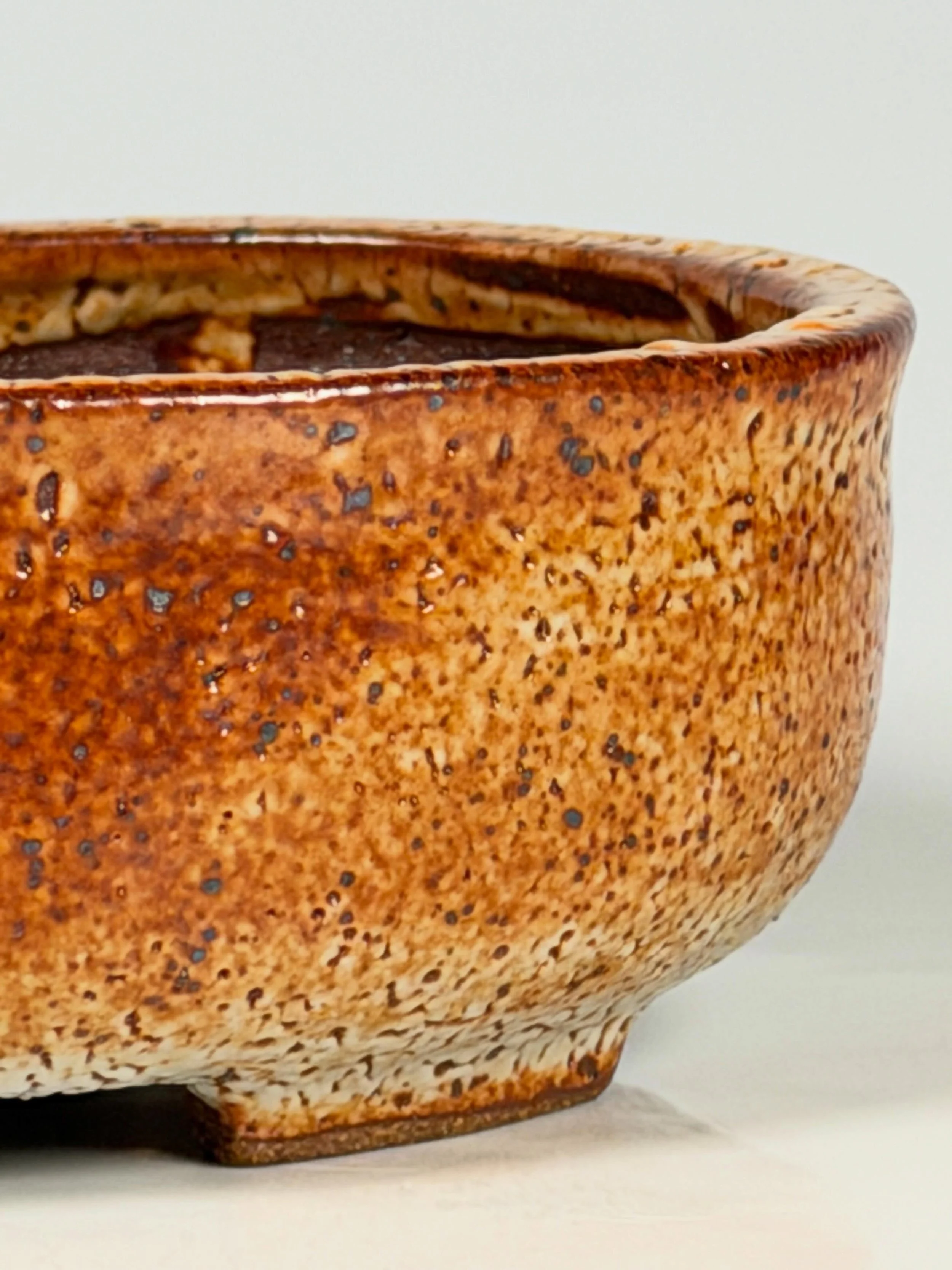 Oval shohin bonsai pot in shino glaze