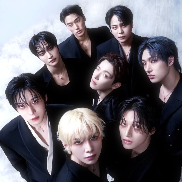 Nine young men with stylish, dark, and blonde hair styled in various ways, wearing black outfits, posing closely together for a group photo against a plain, light background.