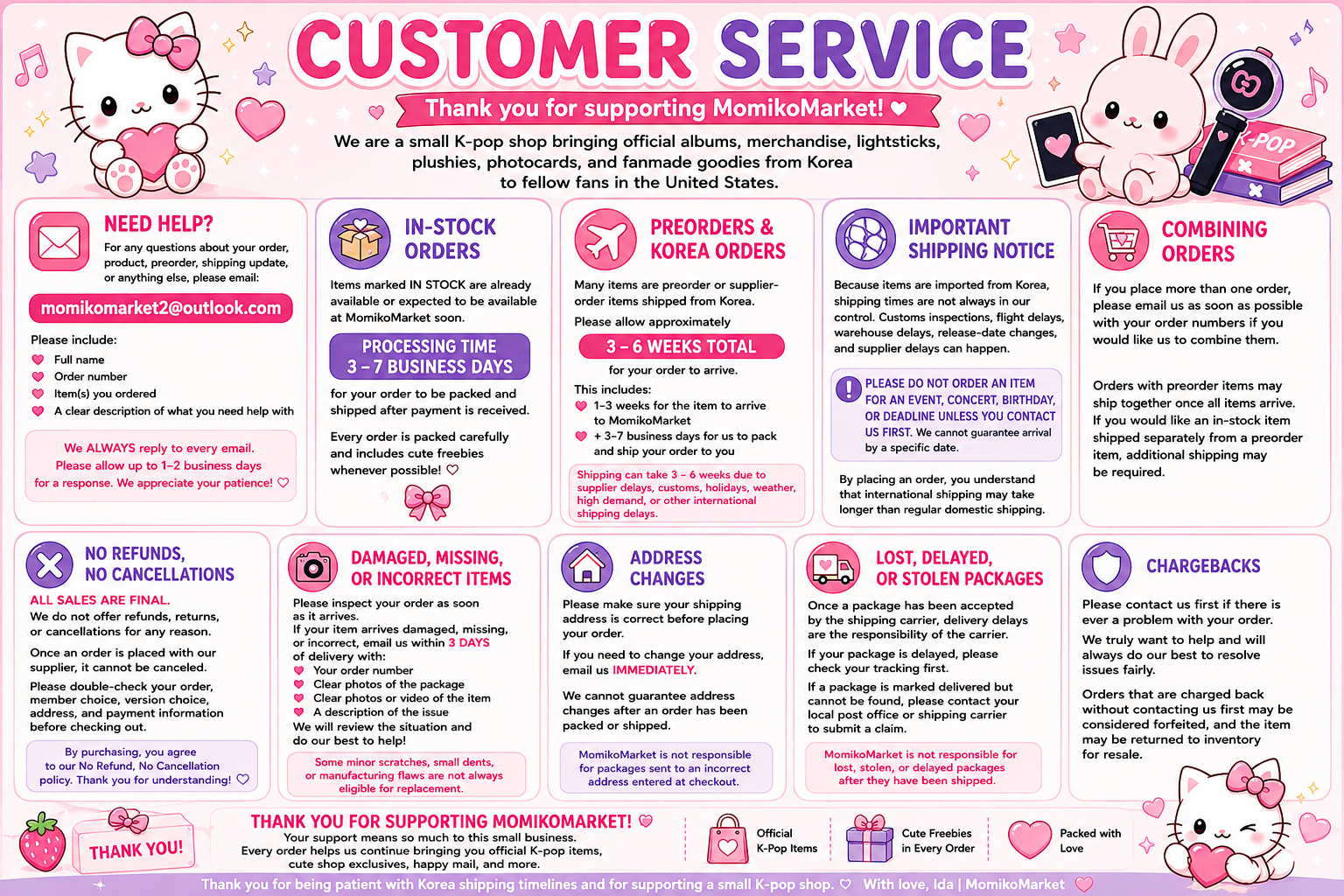 Colorful customer service information chart for a small K-pop shop, featuring adorable kawaii characters of a cat and a bunny, with sections on in-stock orders, preorders, shipping notices, order changes, and refund policies, decorated with hearts, stars, and musical notes.