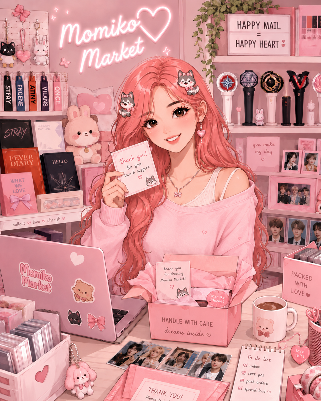 A young woman with long pink hair and heart-shaped earrings is smiling and holding a thank you card in a decorated, pink-themed store called Momiko Market. The store is filled with cute items like plush toys, photo cards, stationery, and neon signs. The background features shelves with various themed products, framed photos, and signs with messages like "HAPPY MAIL = HAPPY HEART". The woman is sitting at a desk with a pink laptop, boxes filled with gift items, a mug with a bear, and a to-do list, all in shades of pink and surrounded by adorable accessories and decorations.