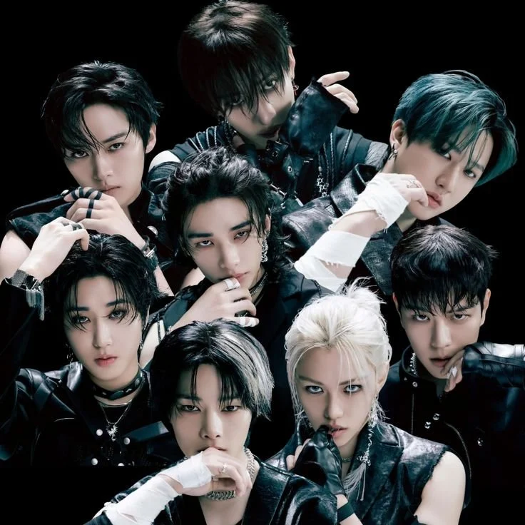 Group of nine young men with styled hair, dressed in black and leather with intense expressions posing together in a dark setting.