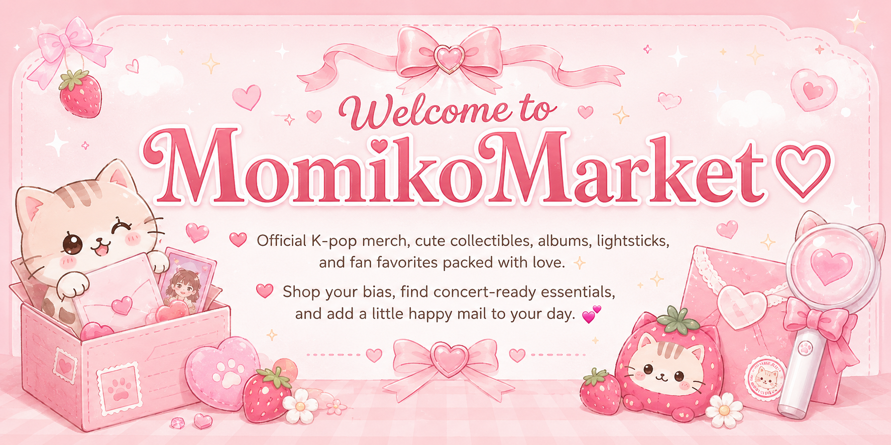 Pink-themed promotional banner for Momiko Market featuring cute K-pop merchandise, strawberries, a winking cartoon cat holding a photo, and a pink gift box, with text inviting customers to shop for collectibles and fan essentials.