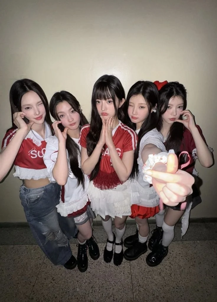 Five young women in coordinated red and white outfits posing for a photo, with one woman in the front extending her hand towards the camera.