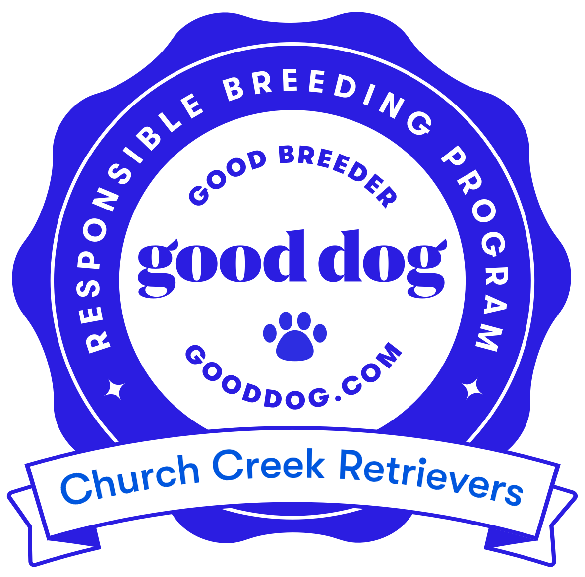 Blue badge with white center, featuring the words "Good Dog" and a paw print symbol. Surrounding text states "Responsible Pointible Breeding Program" and "GoodDog.com." A white ribbon at the bottom reads "Church Creek Retrievers."