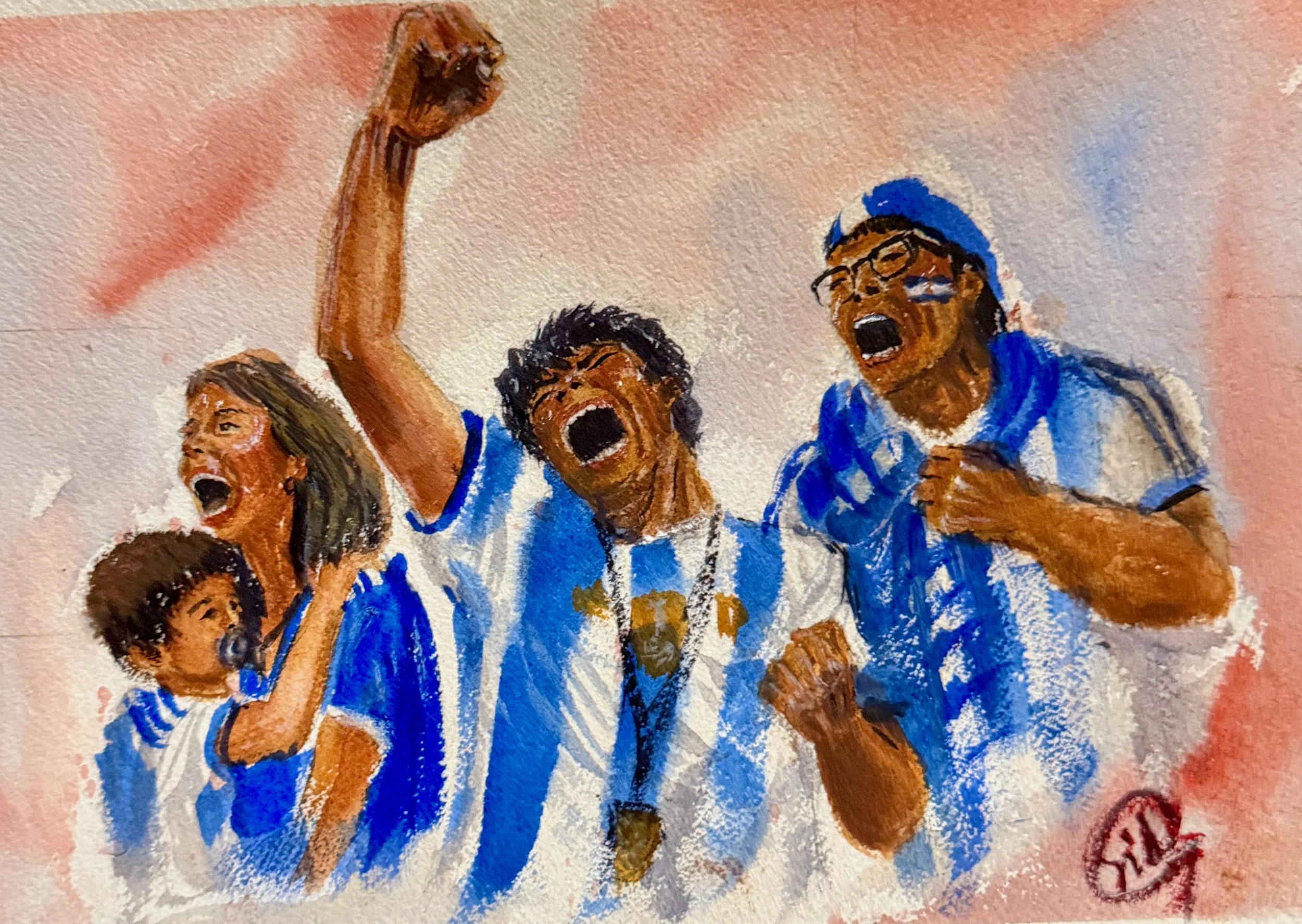 Watercolor painting of Argentina football fans celebrating with emotion, capturing the joy and unity of the beautiful game.