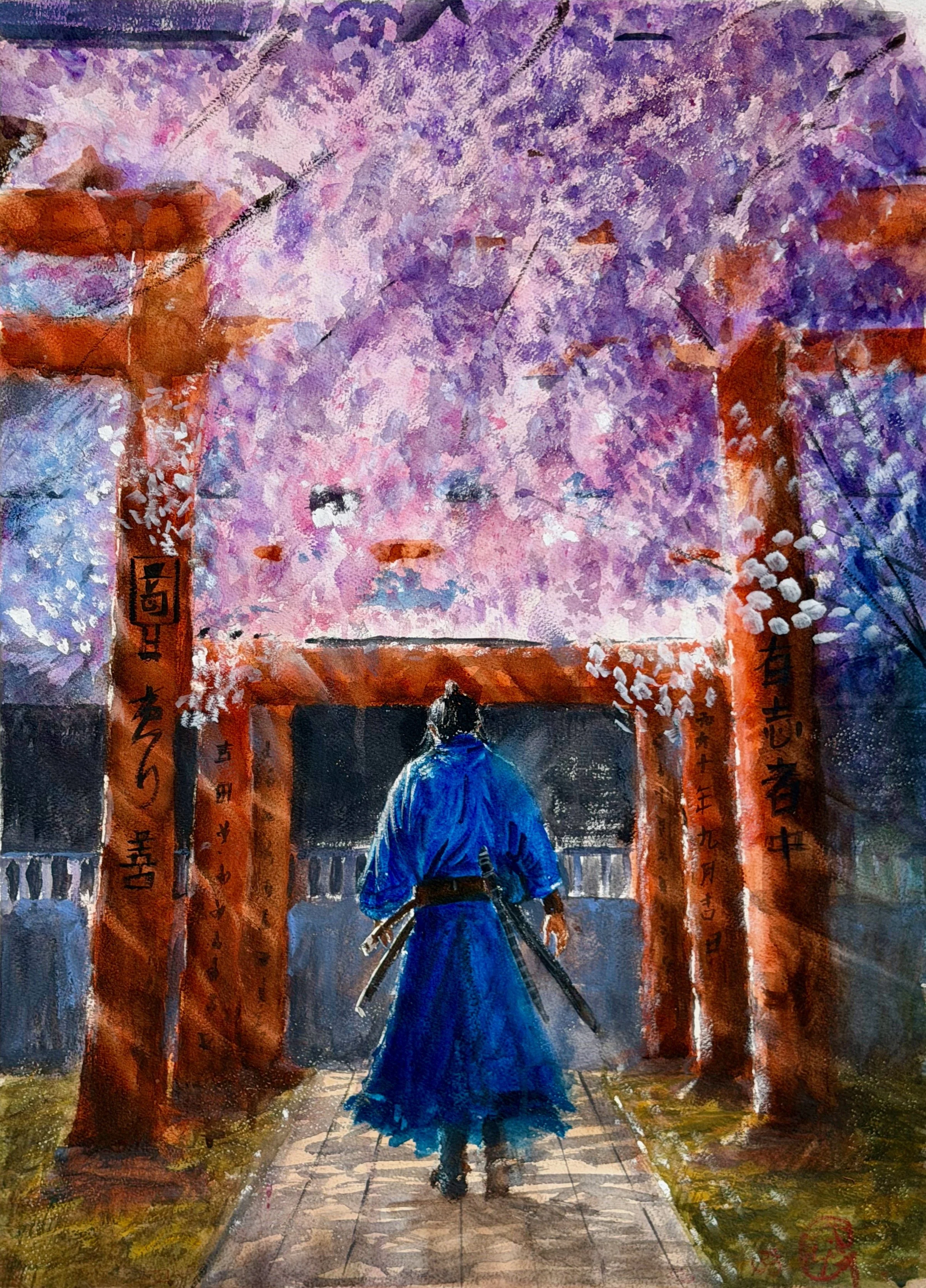 Watercolor of a lone samurai walking through torii gates toward a shrine beneath blooming cherry blossoms.