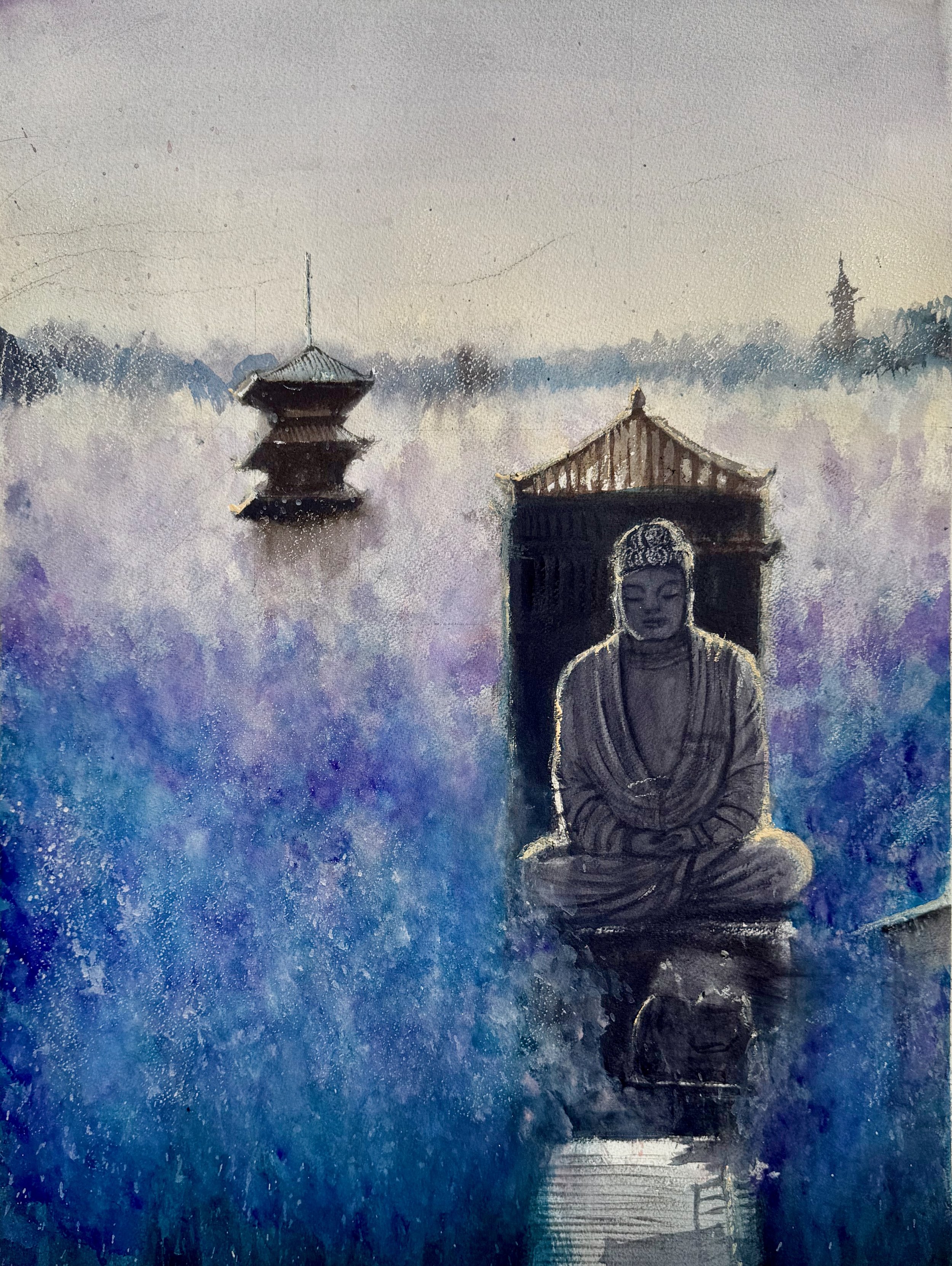 Watercolor painting of a serene Buddha statue emerging through morning mist with Japanese temple architecture in the background.