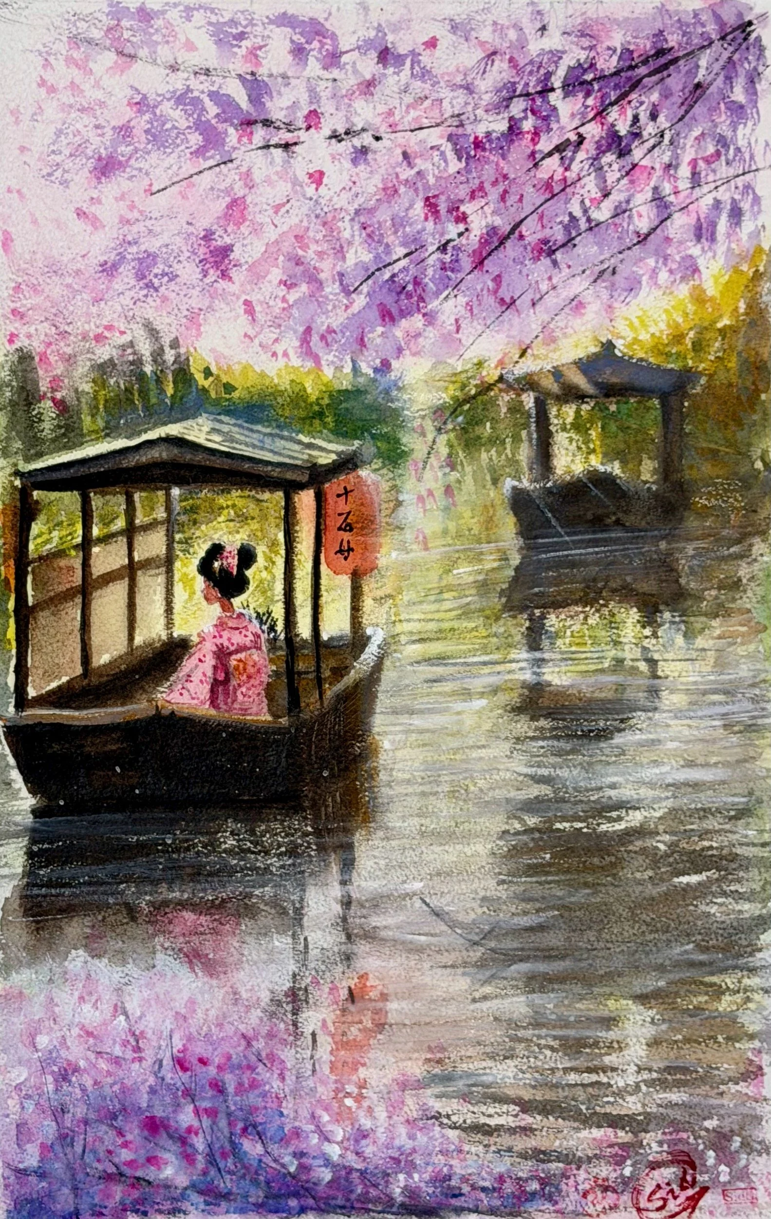 Under the Cherry Blossoms watercolor painting by Sid Ganguly, featuring a woman in a pink kimono traveling by boat beneath cherry blossoms in Japan.