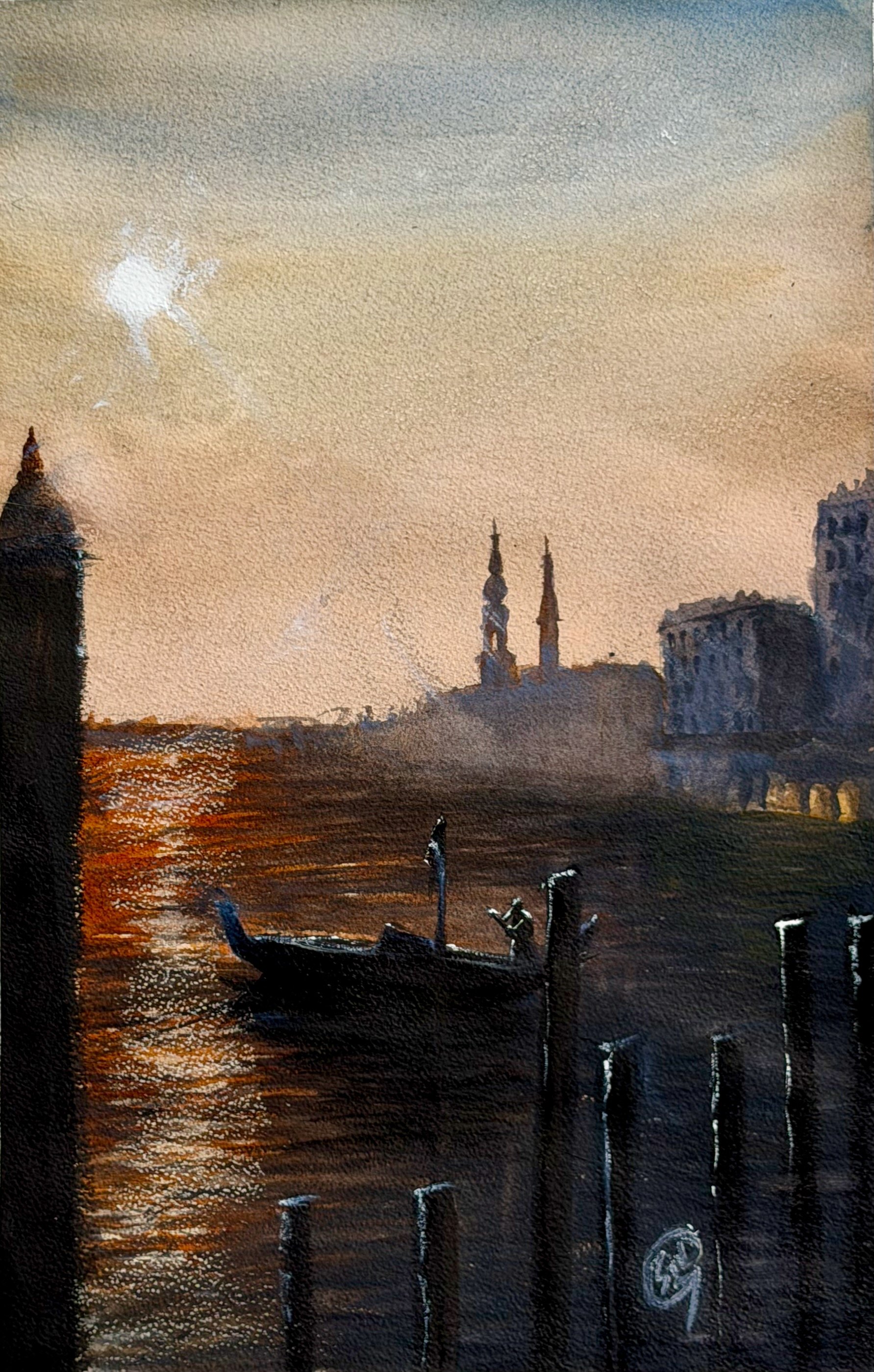 Last Light of Venice, watercolor painting by Sid Ganguly depicting a gondola silhouetted against glowing sunset reflections on the Venetian lagoon.