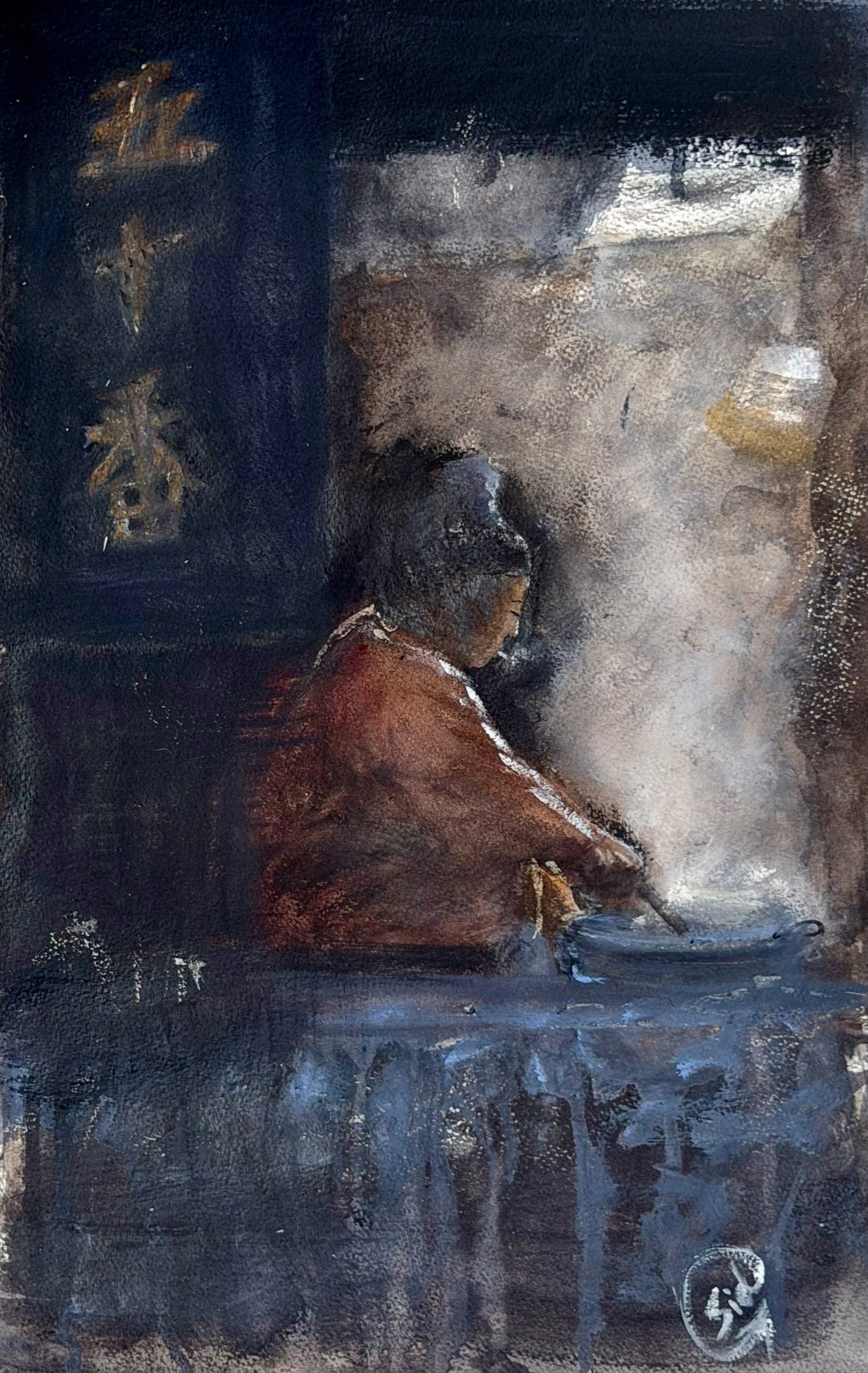 Wok Wednesday, watercolor painting by Sid Ganguly depicting a cook working over a steaming wok in a dark, atmospheric kitchen
