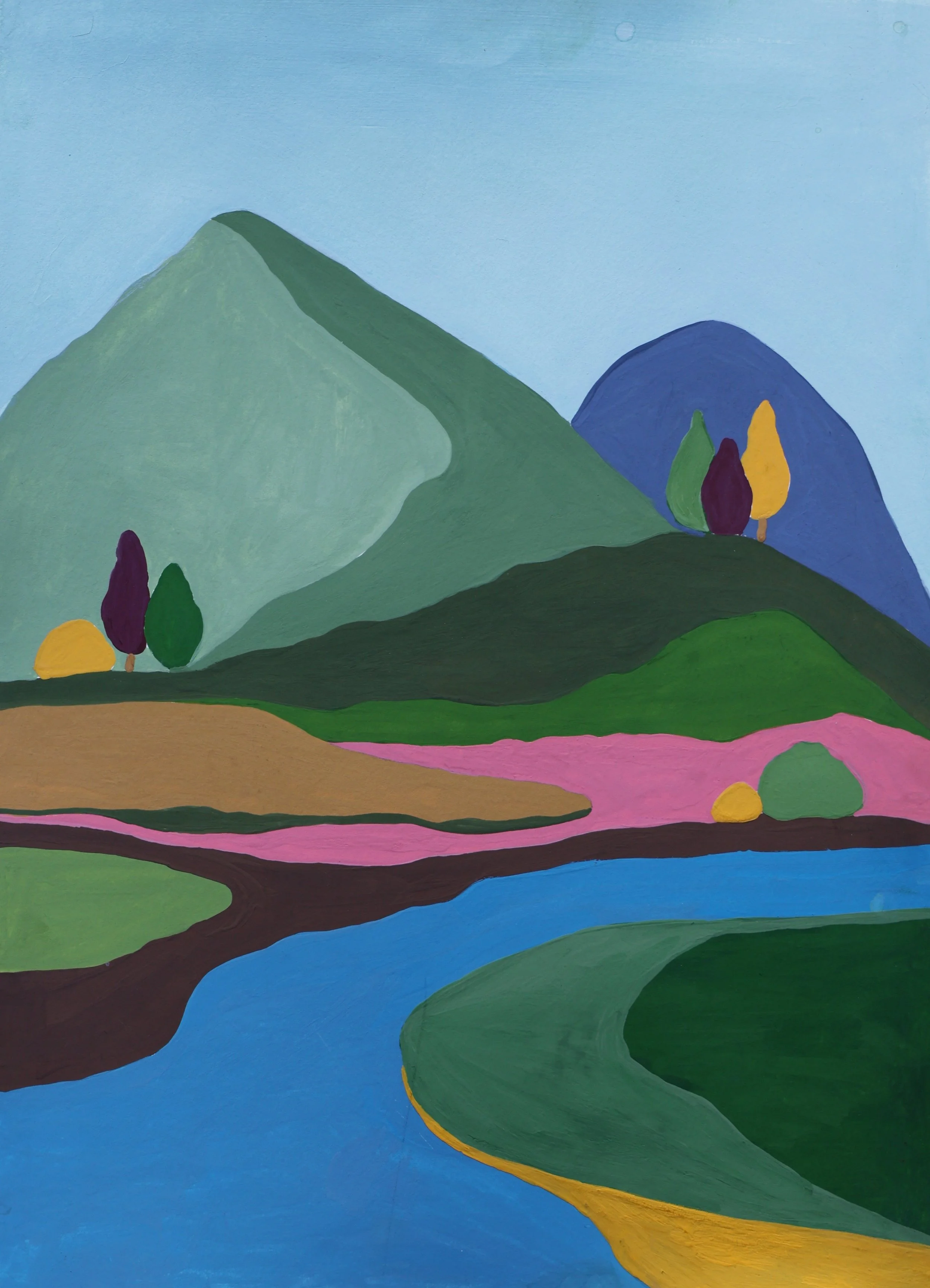 Abstract Gouache landscape painting with layered green hills, a winding blue river and colorful trees.