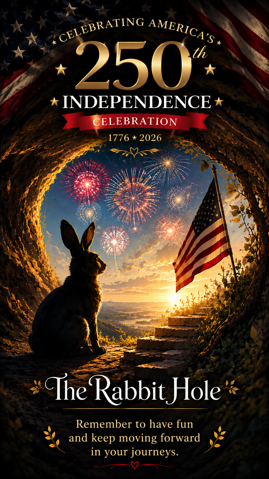 Celebrating America's 250th Independence Day with fireworks, a rabbit sitting at the entrance of a tunnel, and an American flag on steps at sunset. Text includes 'Celebrating America's 250th Independence Celebration 1776-2026' and a message about having fun and moving forward.