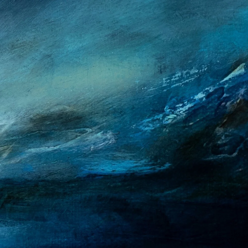 Close-up of blue brushwork and texture on the right side of Somewhere You Knew