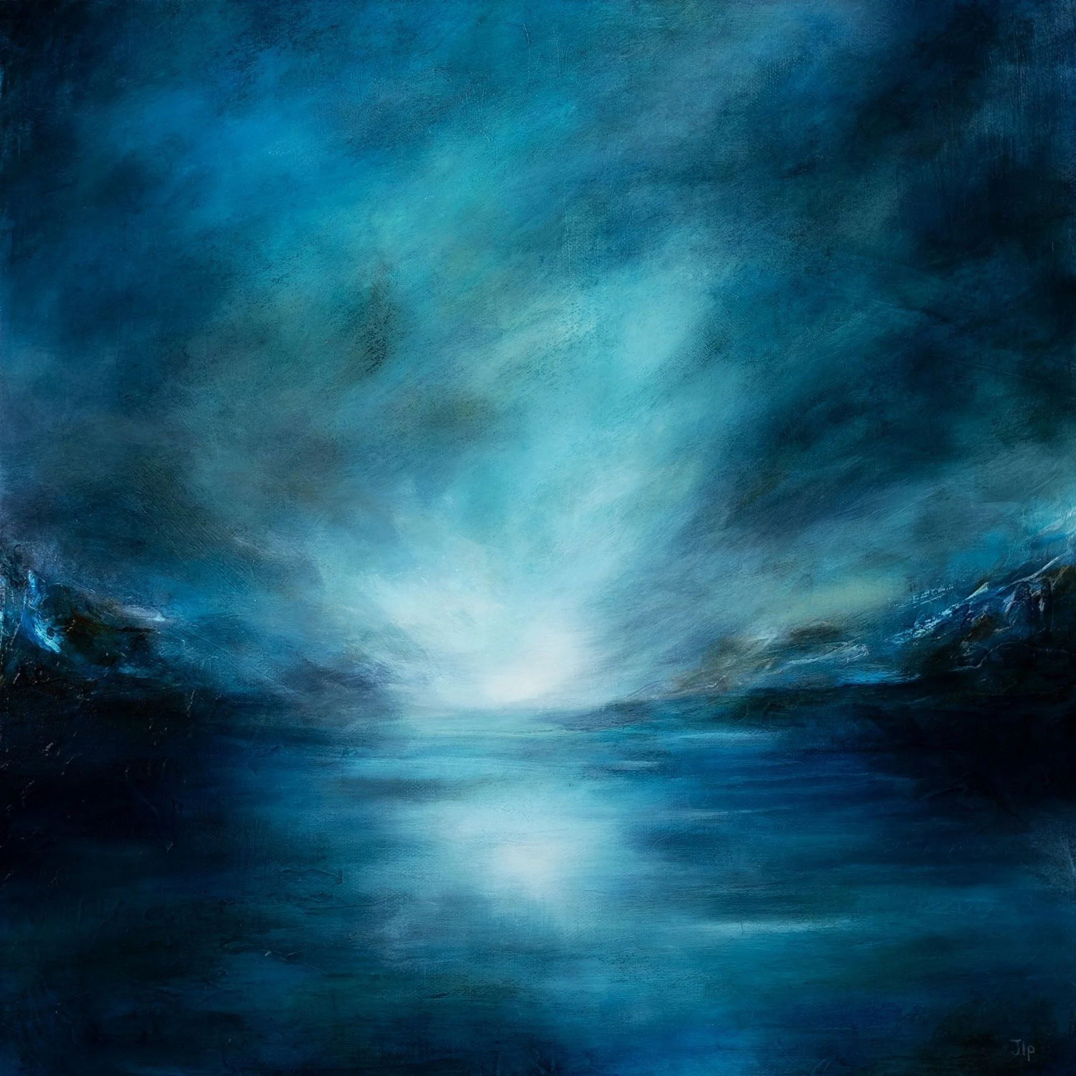 Somewhere You Knew, a blue and green abstract landscape painting reproduced as a fine art print