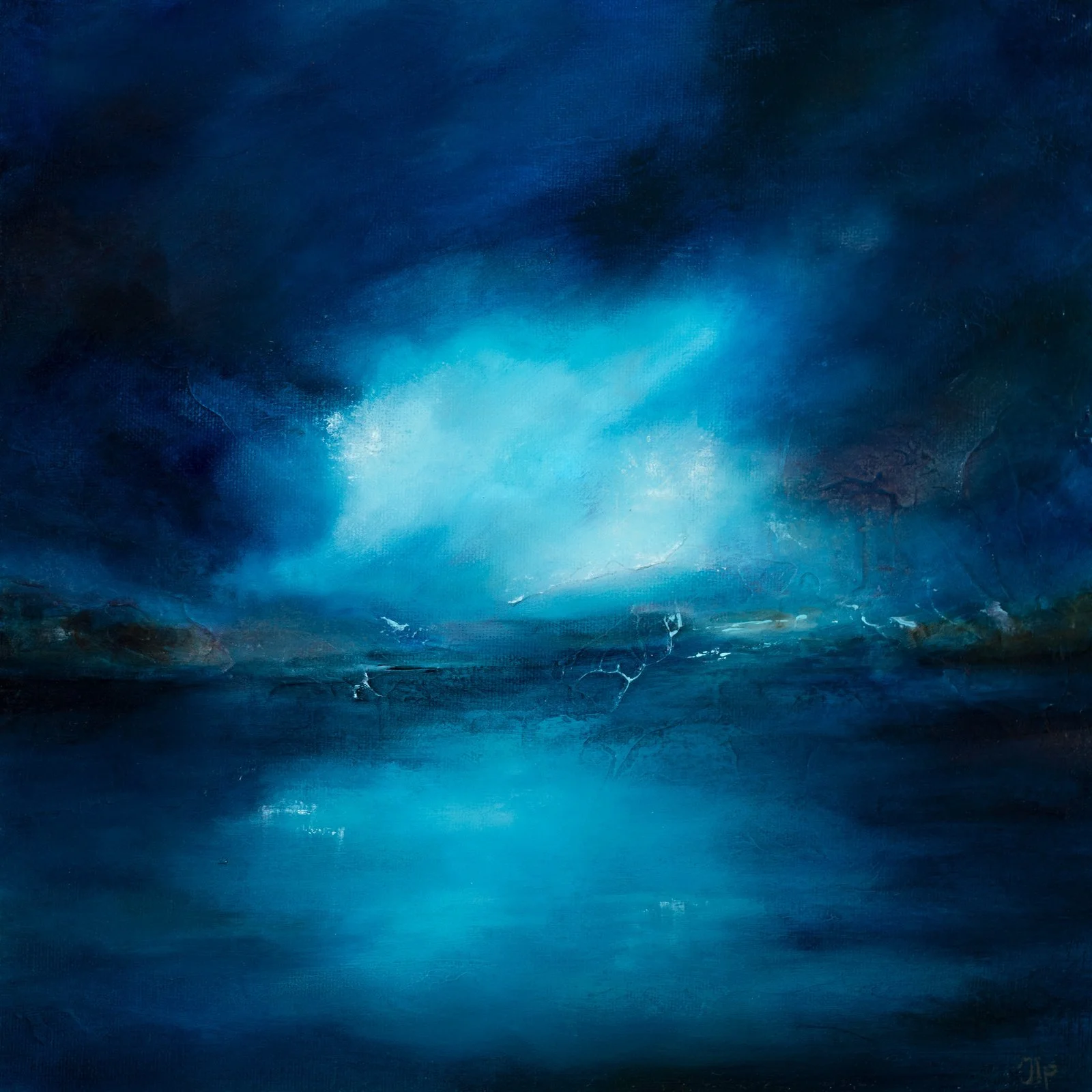 Sweet Blues, an abstract landscape painting with luminous blues reflected in dark water, reproduced as a fine art print