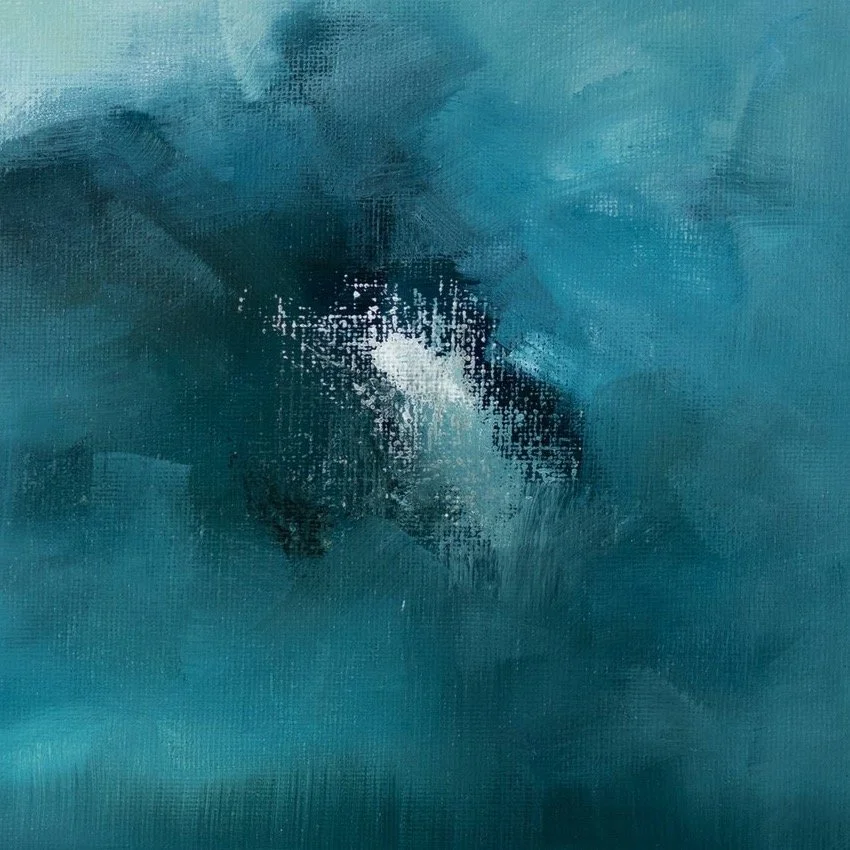 Close-up detail of layered blue and turquoise brushwork in Ocean Light