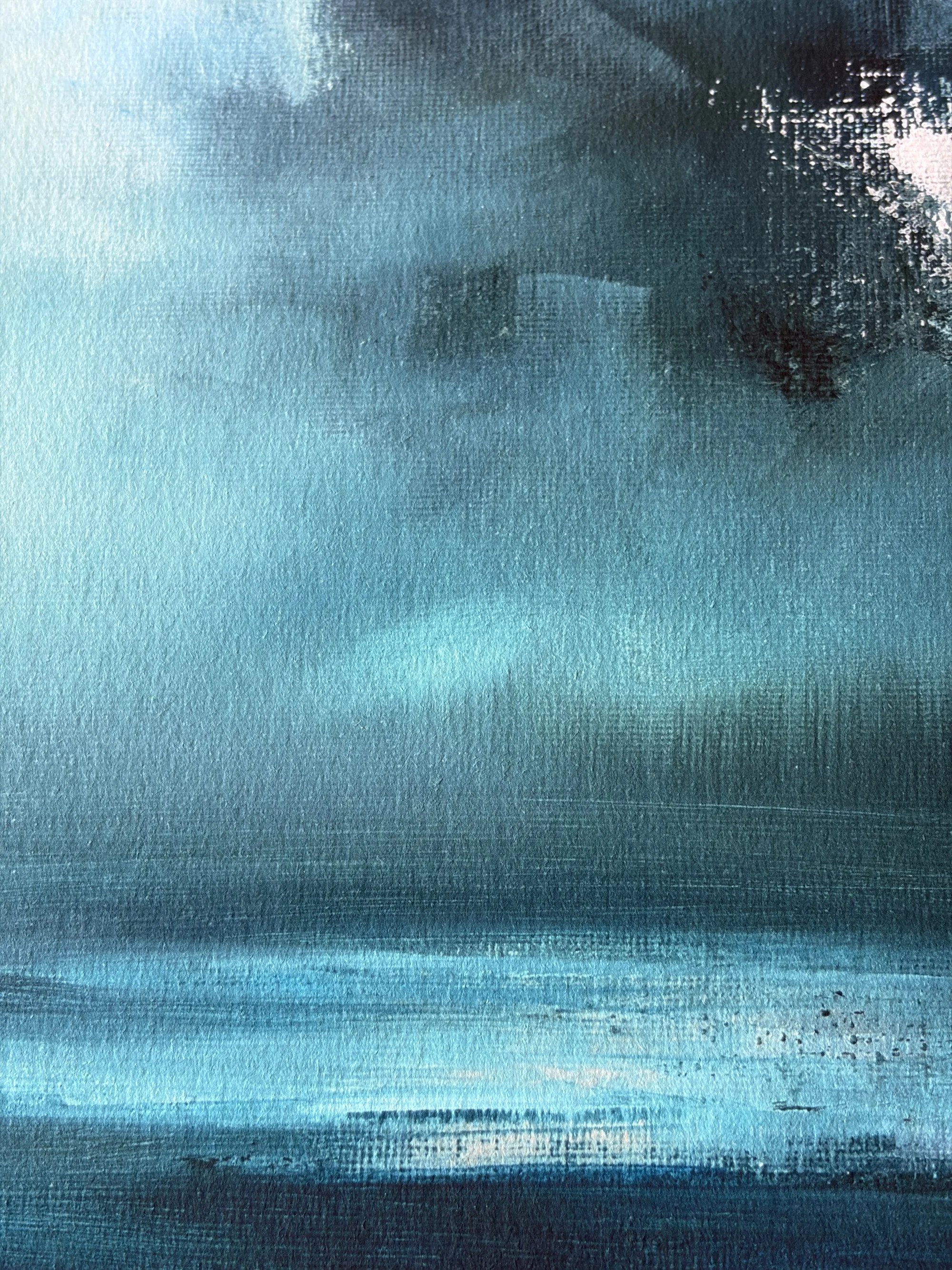 Close-up of the dark blue horizon and layered atmospheric marks on the Ocean Light fine art print.