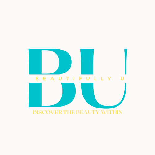 Graphic with large blue letters 'DU' and 'U' and yellow text 'BEAUTIFULLY U' and 'DISCOVER THE BEAUTY WITHIN' on a white background.