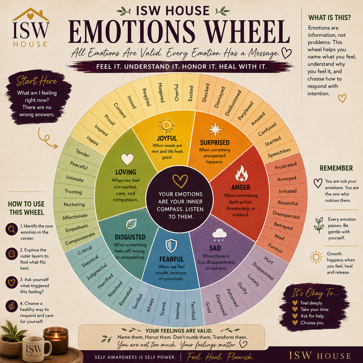 A colorful wheel illustrating different emotions, including joyful, surprised, angry, sad, fearful, disgusted, loving, and grieving, with descriptions of each feeling and how to use the wheel for self-awareness and emotional understanding.