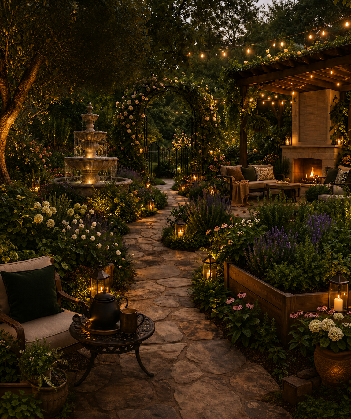 An evening outdoor garden scene illuminated with string lights, candles, and a fire pit. Features a stone pathway, lush plants, a fountain, and cozy seating near a fireplace.