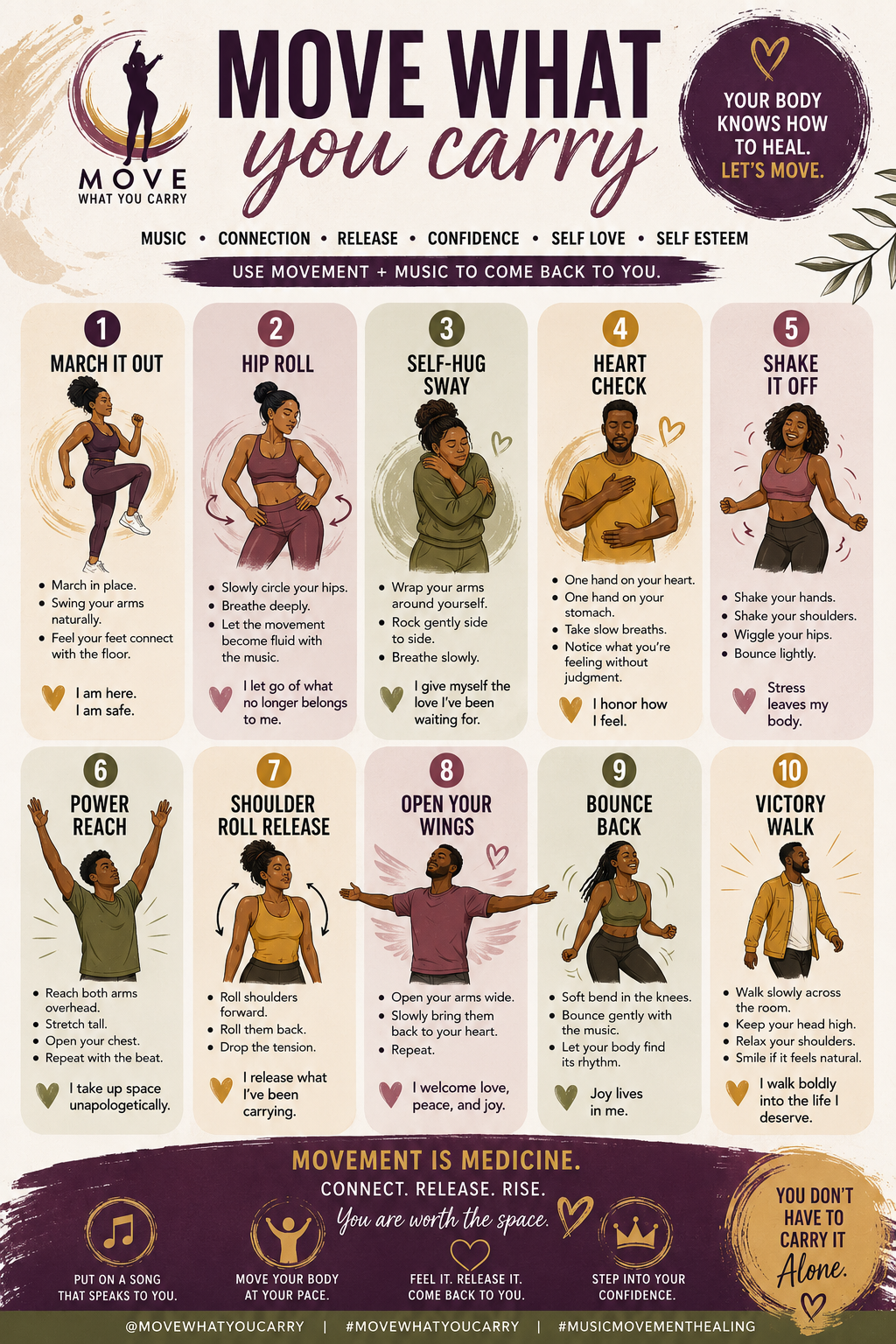 A guide titled "Move What You Carry" with 10 illustrated stretching and movement exercises, including march it out, hip roll, self-hug sway, heart check, shake it off, power reach, shoulder roll release, open your wings, bounce back, and victory walk, encouraging movement for healing, confidence, and self-love.