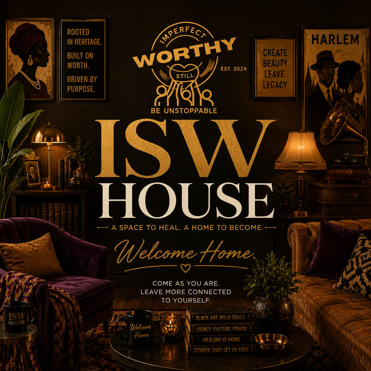 Decorative wall with framed art and a large ISW House logo, surrounded by vintage furniture, lamps, potted plants, and books with inspirational titles, in a cozy, warmly lit room.