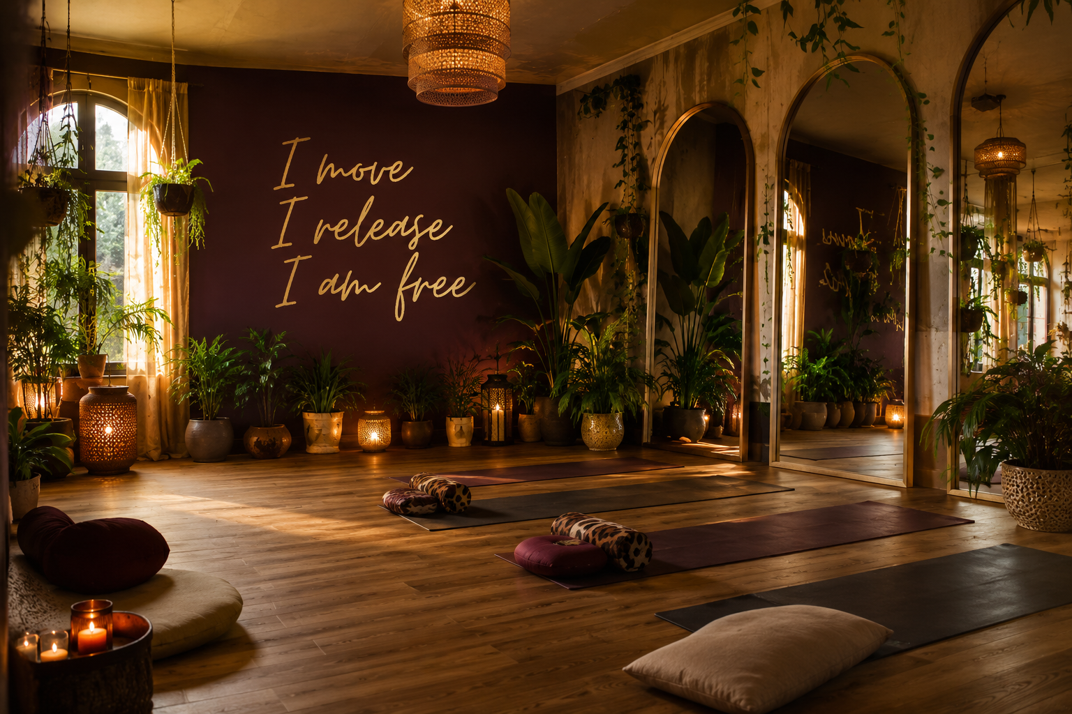 Yoga studio with mats, cushions, and lanterns, decorated with plants and a purple wall with a quote.