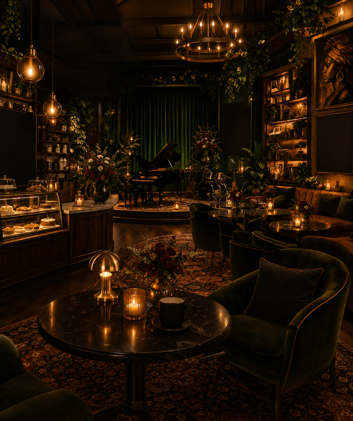 A cozy, dimly lit lounge or café with plush green armchairs, small tables with candles and flowers, and a stage area with a grand piano, drum set, and leafy decor.