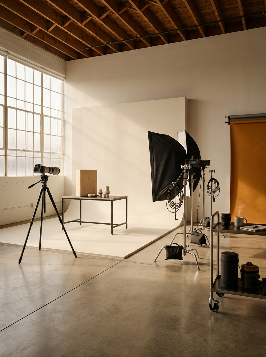 Photography studio with a large window, wooden ceiling, white backdrop, camera on tripod, and professional lighting equipment.