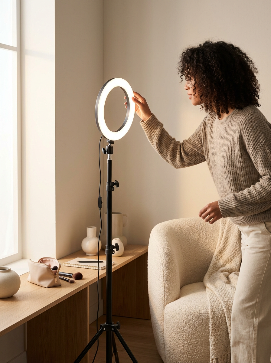 A woman adjusting a ring light in a cozy living room with a wooden cabinet, vases, a notebook, and makeup brushes on the surface near a large window.