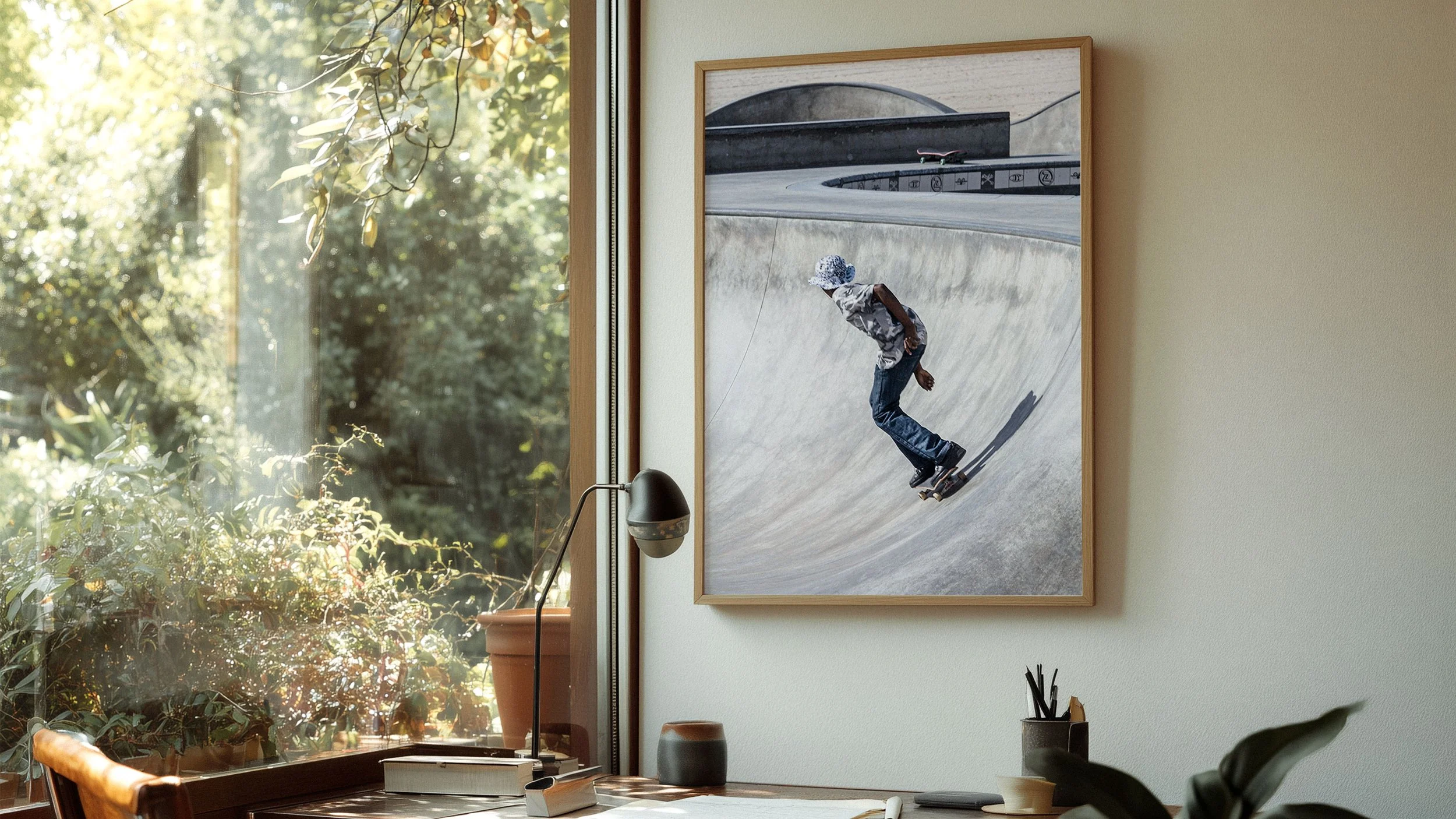 A painting of a skateboarder in a skateboard bowl hangs on a light-colored wall near a window with sunlight and greenery outside.