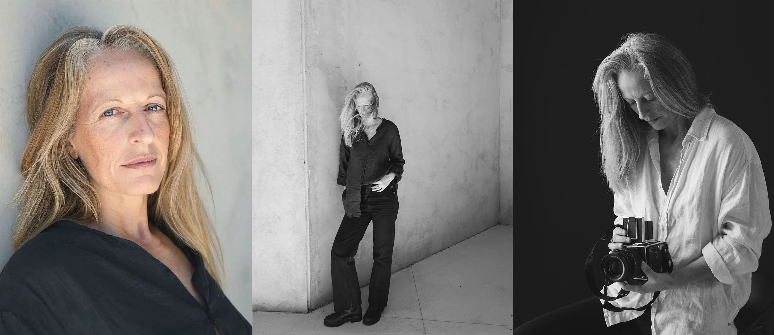 A triptych of a woman in different settings: a close-up portrait with blonde hair and blue eyes, a black-and-white full-body shot of her standing against a concrete wall with windblown hair, and a black-and-white image of her holding a vintage camera, wearing a white shirt.