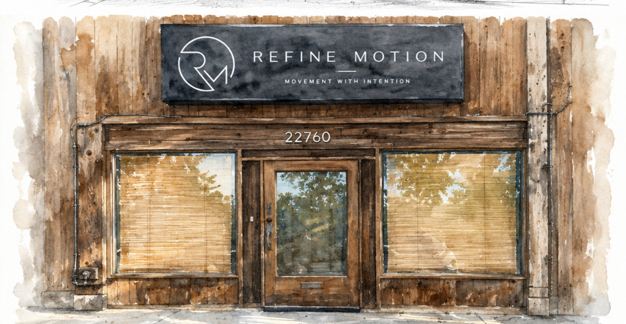 A storefront with a sign that reads 'Refine Motion, Movement with Intention' and the number 22760 above the entrance. The exterior features wood paneling and windows with bamboo blinds.