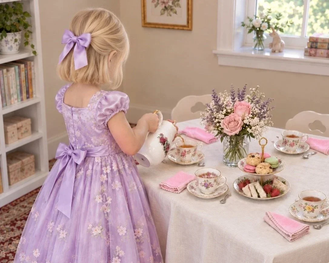 A young girl in a purple floral dress with a matching bow in her blonde hair pouring tea at a decorated tea party table with teacups, saucers, a platter of sandwiches, strawberries, colorful macarons, and a floral centerpiece, near a window with flowers and a rabbit figurine.