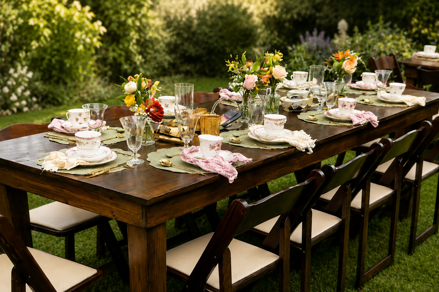 A long wooden outdoor dining table set for a meal with floral-patterned teacups, gold-rimmed plates, glassware, and centerpieces of fresh flowers, surrounded by chairs in a garden setting.