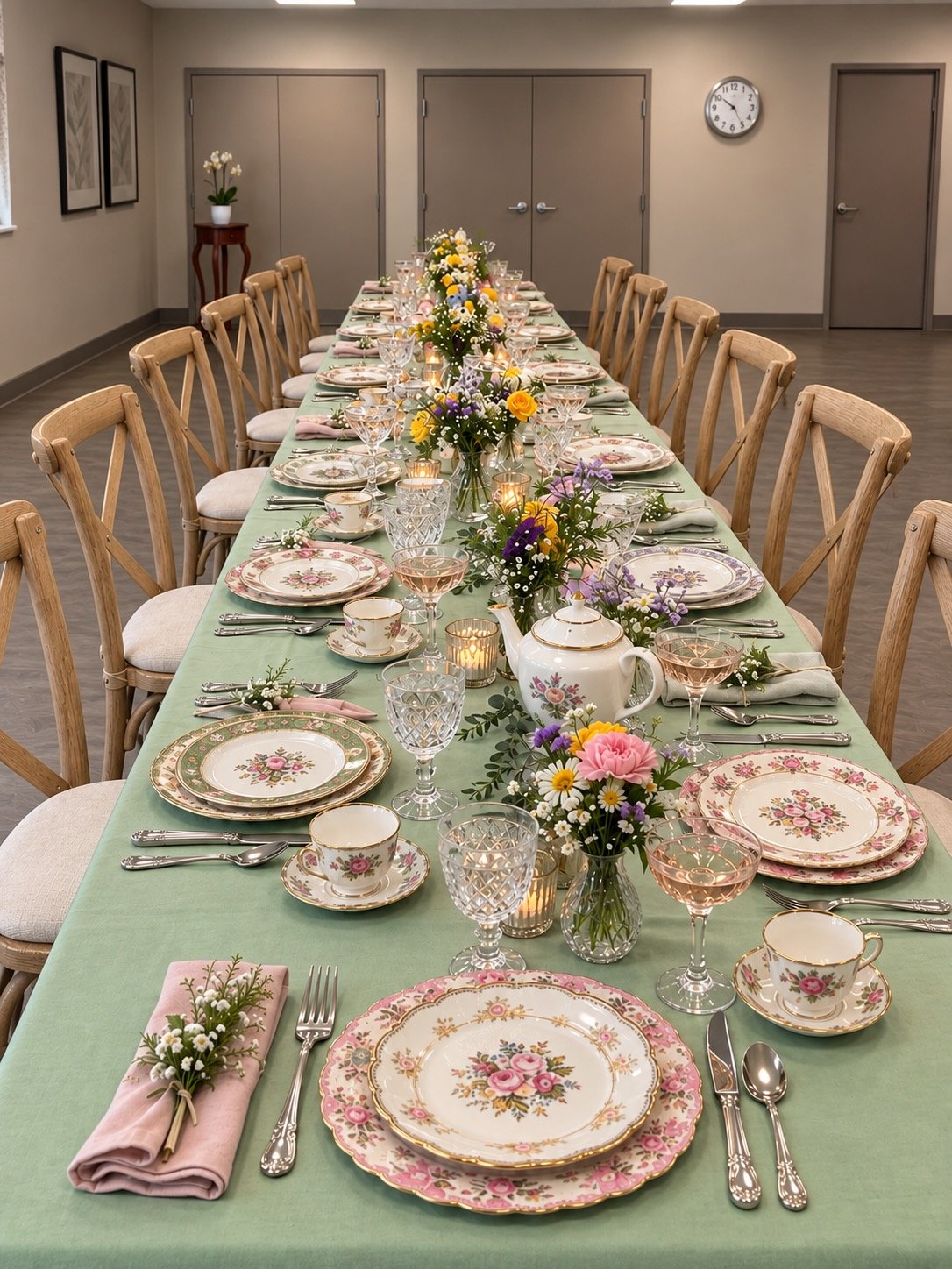 A long dining table set for a meal with floral china, glassware, silverware, pink napkins with small flower arrangements, and centerpieces of colorful flowers with candles inside glass holders. The room has beige walls, a clock, and closed doors.