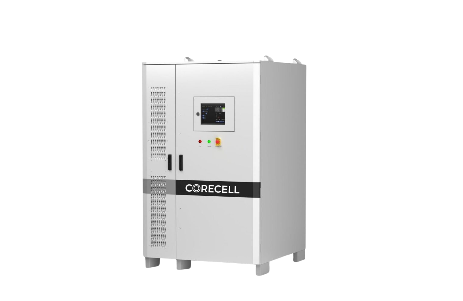 White industrial battery storage unit with a black strip labeled CORE CELL, featuring a digital display, indicator lights, and control buttons.