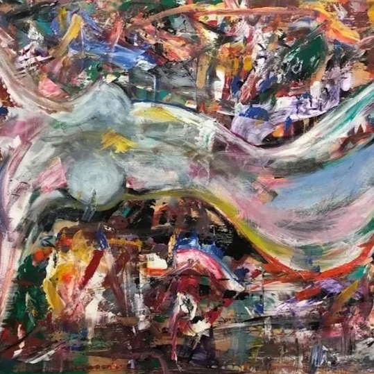 Large-scale Abstract expressionist painting with vibrant colors and bold brushstrokes. Seven feet wide.