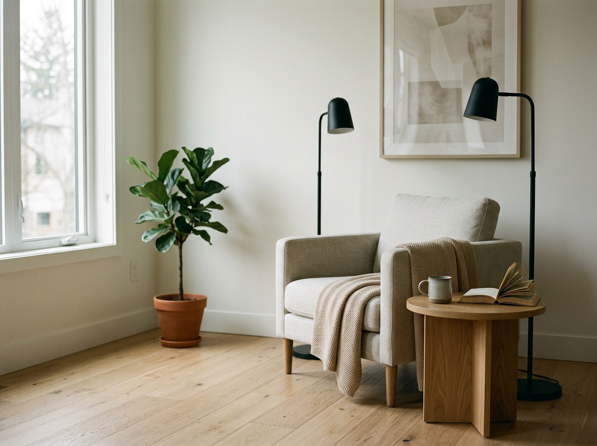 A cozy corner with a beige armchair, a wooden side table with a mug and an open book, a potted plant, a framed abstract artwork, and two black standing lamps near a window with closed blinds.