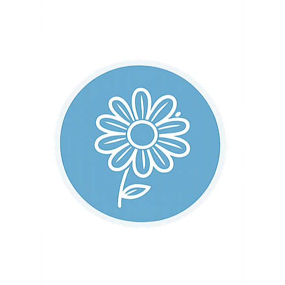 Blue circular icon with a white line drawing of a flower with petals, a stem, and a single leaf.