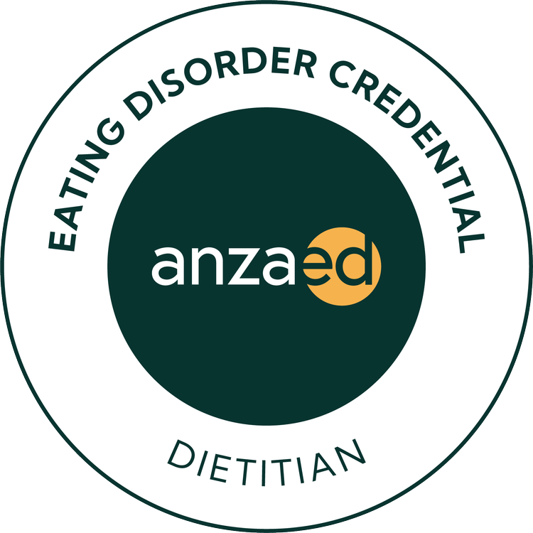 A circular badge with the text 'Eating Disorder Credential Dietitian' and a central logo that says 'anzaed' in white and orange letters on a black background.