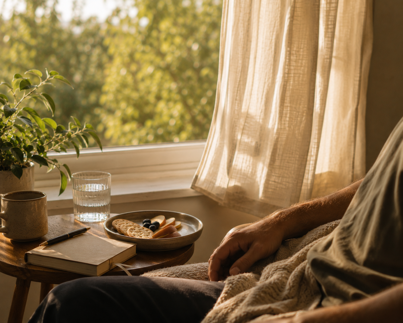 A cozy morning setting with sunlight streaming through a window with cream-colored curtains. A person is seated, with a wooden side table holding a mug, a glass of water, a notebook, and a plate of cookies, crackers, and blueberries, beside a green plant.