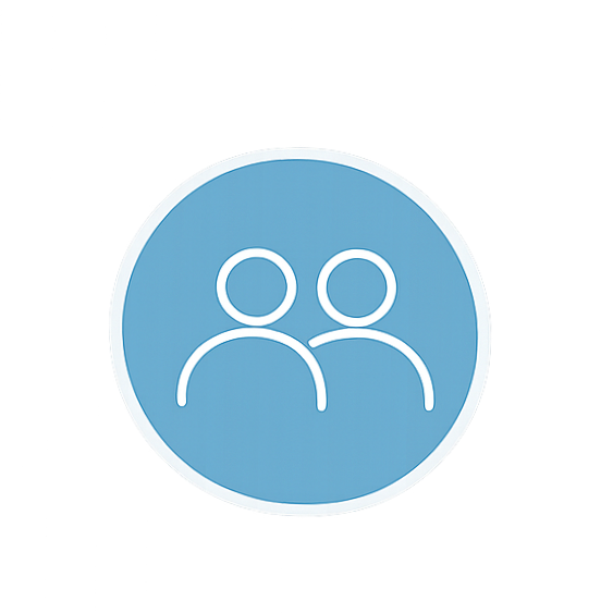 Blue circular icon with white outline of two people standing side by side.
