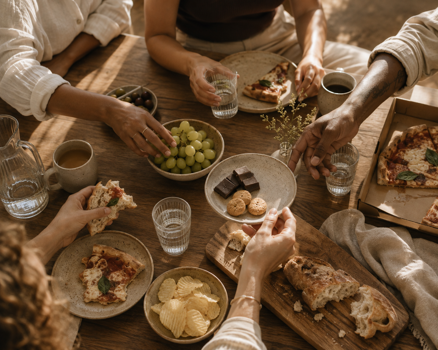 A group of people sharing a meal with pizza, grapes, chips, cookies, and drinks around a wooden table.