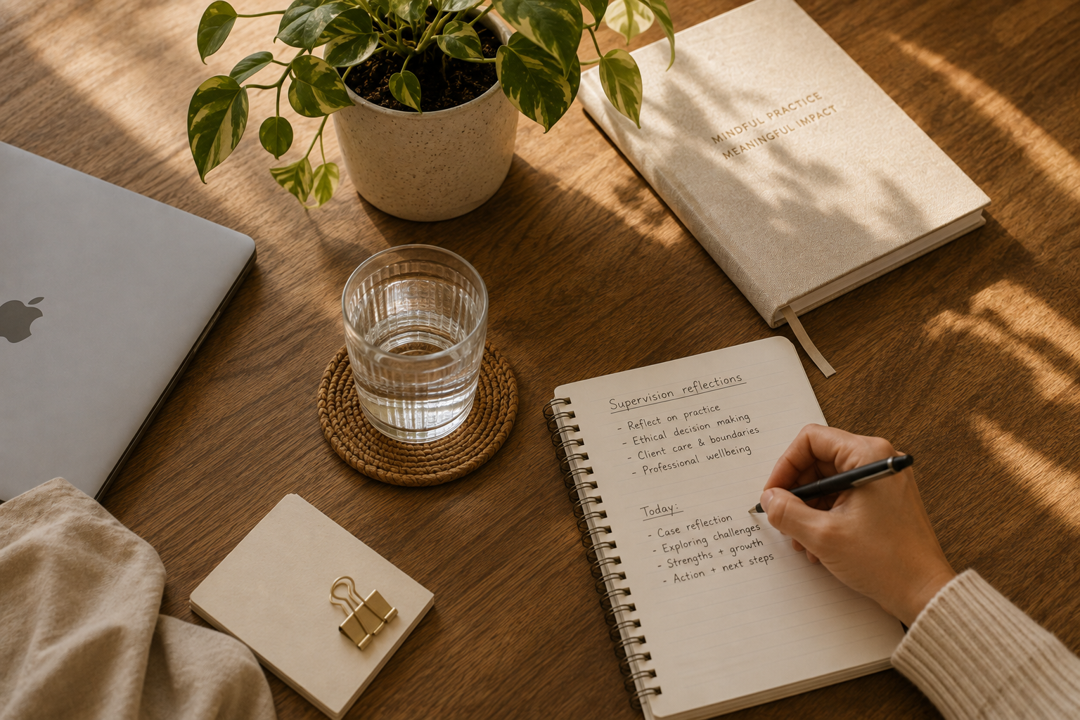 A workspace with a closed laptop, a potted plant, a glass of water on a coaster, a notebook with handwritten notes titled 'Supervision reflections', a beige book titled 'Mindful Practice Meaningful Impact', a small notepad with a gold clip, and a hand writing in the notebook, all on a wooden desk with sunlight and shadows.